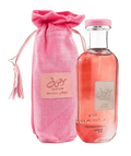 Ard Al Zaafaran Mousuf Wardi Eau De Parfum bottle and pink fabric pouch.