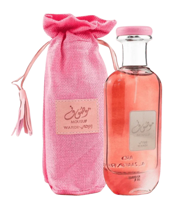Ard Al Zaafaran Mousuf Wardi Eau De Parfum bottle and pink fabric pouch.